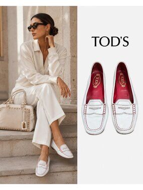 TOD'S White Leather Driving Loafers Red Contrast Stitch Penny Flats Women's 9.5